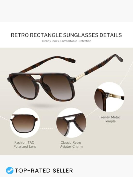 Retro Aviator Sunglasses Polarized Vintage Rectangle Trendy UV Protection